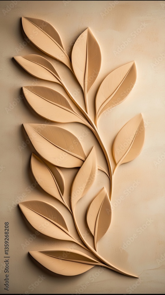 A detailed wooden relief design of leaves, showcasing natural beauty and craftsmanship in home decor. A detailed wooden relief design of leaves, showcasing natural beauty and craftsmanship in home decor.