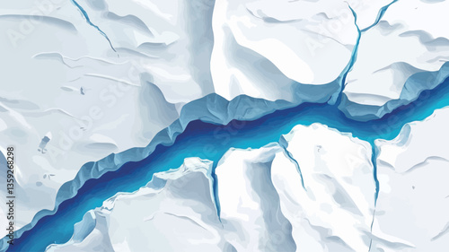 High-angle, close-up view of an abstract representation of a crack or crevasse in an ice surface.  The image features a predominantly white and light blue color palette. The crack is a vibrant