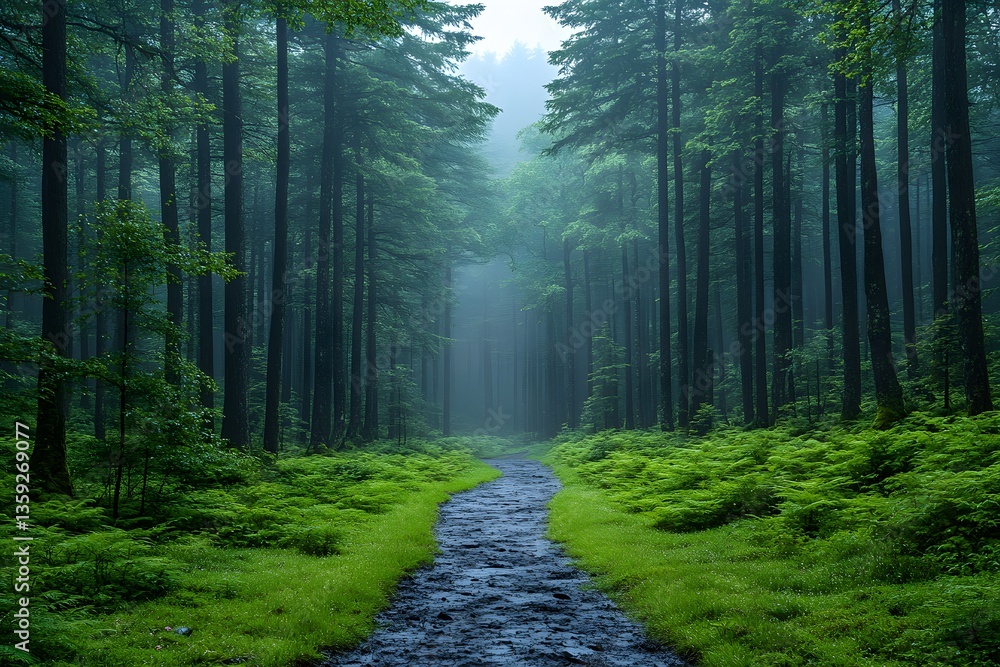 Obraz premium Forest Path: A mesmerizing pathway winds its way through a verdant forest, framed by towering trees and enveloped in a serene, misty atmosphere.