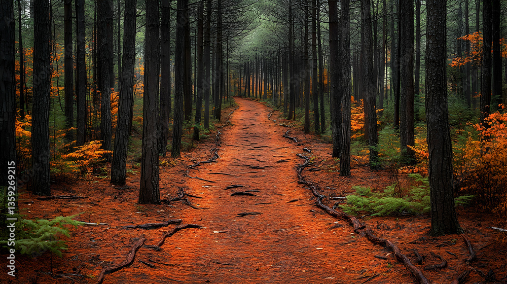 Obraz premium A path cuts through a dense forest covered in fallen pine needles leading into the distance with autumnal colors