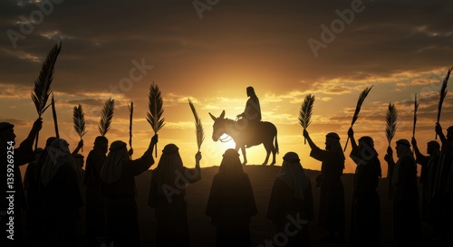 Palm Sunday: Jesus Christ on a donkey, people greet him with palm branches. For Christian church publications, printed publications, Bible magazines