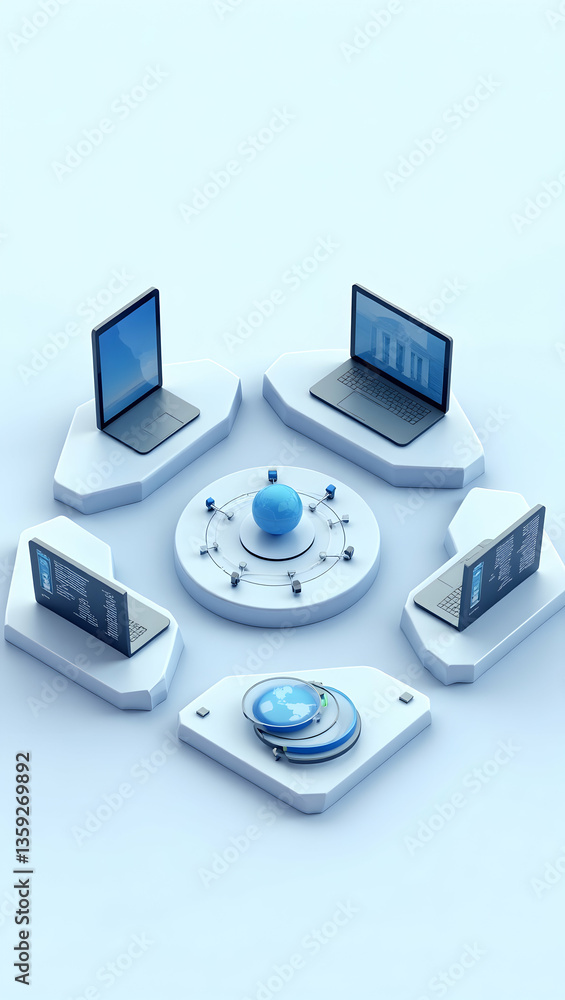 Technology A 3D perspective of a hexagonal arrangement with business and technology elements like smartphone, laptop (4) Technology A 3D perspective of a hexagonal arrangement with business and technology elements like smartphone, laptop (4)