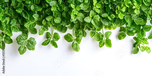 Vibrant Green Foliage: A close-up view of a vibrant cluster of green leaves, cascading downwards. The fresh and lush vegetation creates a natural, refreshing aesthetic.