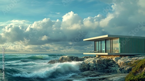 Modern beach house, azure green panels and rugged stone facade overlooking a powerful ocean, dramatic waves and vibrant light 