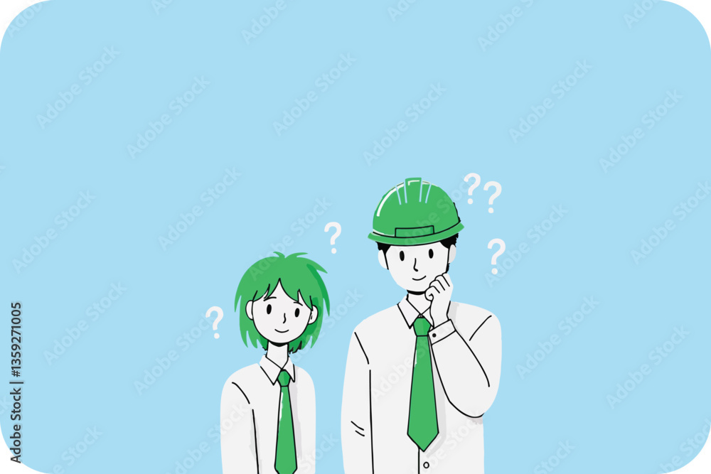 Obraz premium Two people, one with a green helmet, pondering with question marks, against a light blue background.
