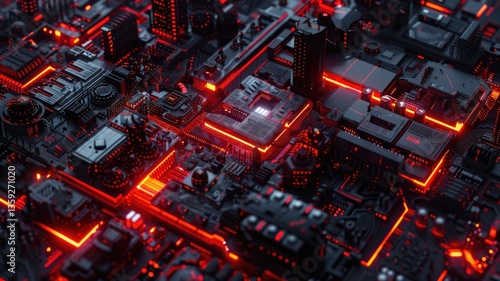 Abstract red digital circuit board with glowing lights. Digital artwork of black electrical circle with vibrant red color. Technology innovation and electronics concept. Motherboard design. AIG53.