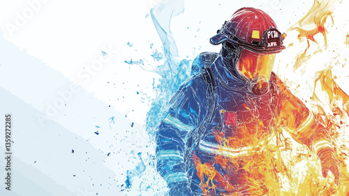 A stylized illustration of a firefighter in full protective gear.  The firefighter is centrally positioned, partially enveloped in stylized flames rendered in shades of orange and yellow, and