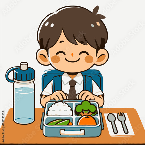 Cheerful Schoolboy Enjoying Lunch From a Bento Box with Water Bottle