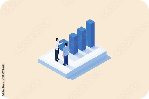 Two figures analyzing a rising bar graph on a platform, in isometric view, against a light background.