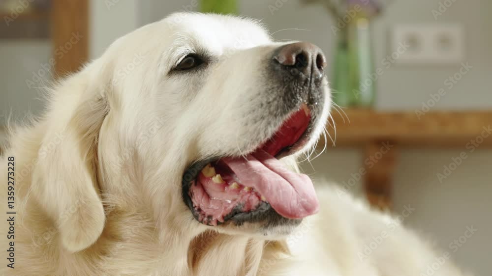 Close up Portrait of Dog Resting on Coach. Cute Pet Begging his Owner to Play with Him. Happy Dog Portrait, Golden Retriever Dog at Home, Beautiful Happy Smiling close up Perfect. Happy Animals Close up Portrait of Dog Resting on Coach. Cute Pet Begging his Owner to Play with Him. Happy Dog Portrait, Golden Retriever Dog at Home, Beautiful Happy Smiling close up Perfect. Happy Animals