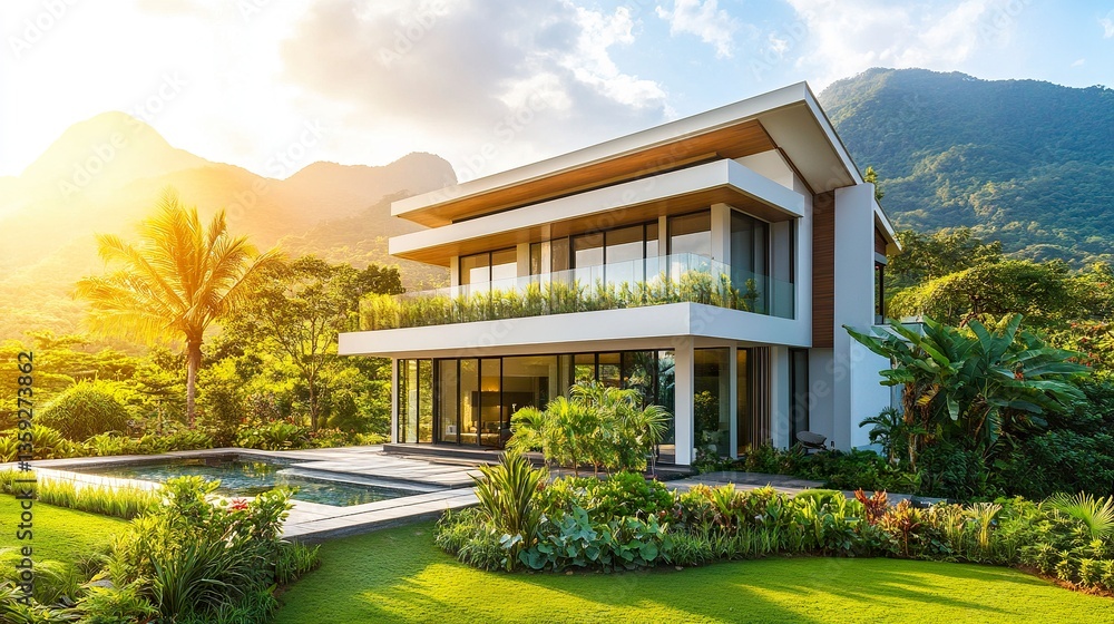 Fototapeta premium Modern home in a serene natural setting, surrounded by lush greenery and mountains, bright sunlight symbolizing growth 