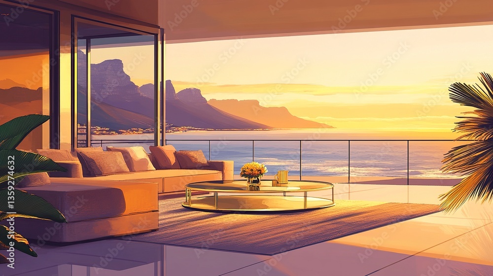 Fototapeta premium Modern luxury patio in Cape Town, twilight ocean view framed by sleek glass walls, plush sofas, gold coffee table glinting in soft evening light
