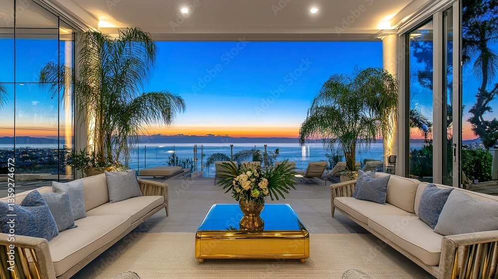 Modern luxury patio in Cape Town, twilight ocean view framed by sleek glass walls, plush sofas, gold coffee table glinting in soft evening light Modern luxury patio in Cape Town, twilight ocean view framed by sleek glass walls, plush sofas, gold coffee table glinting in soft evening light