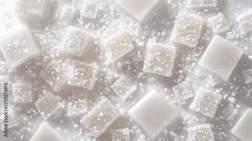 High-angle, close-up shot of white sugar cubes and loose sugar crystals scattered on a surface. The image features a predominantly bright, white color palette with subtle variations in tone and
