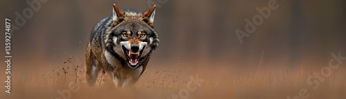 An angry wolf running toward the camera with open mouth