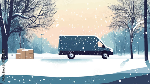 Illustration of a dark-blue delivery van driving on a snow-covered road. The van is carrying packages and is situated in a winter landscape with bare trees on either side of the road.  Snowflakes