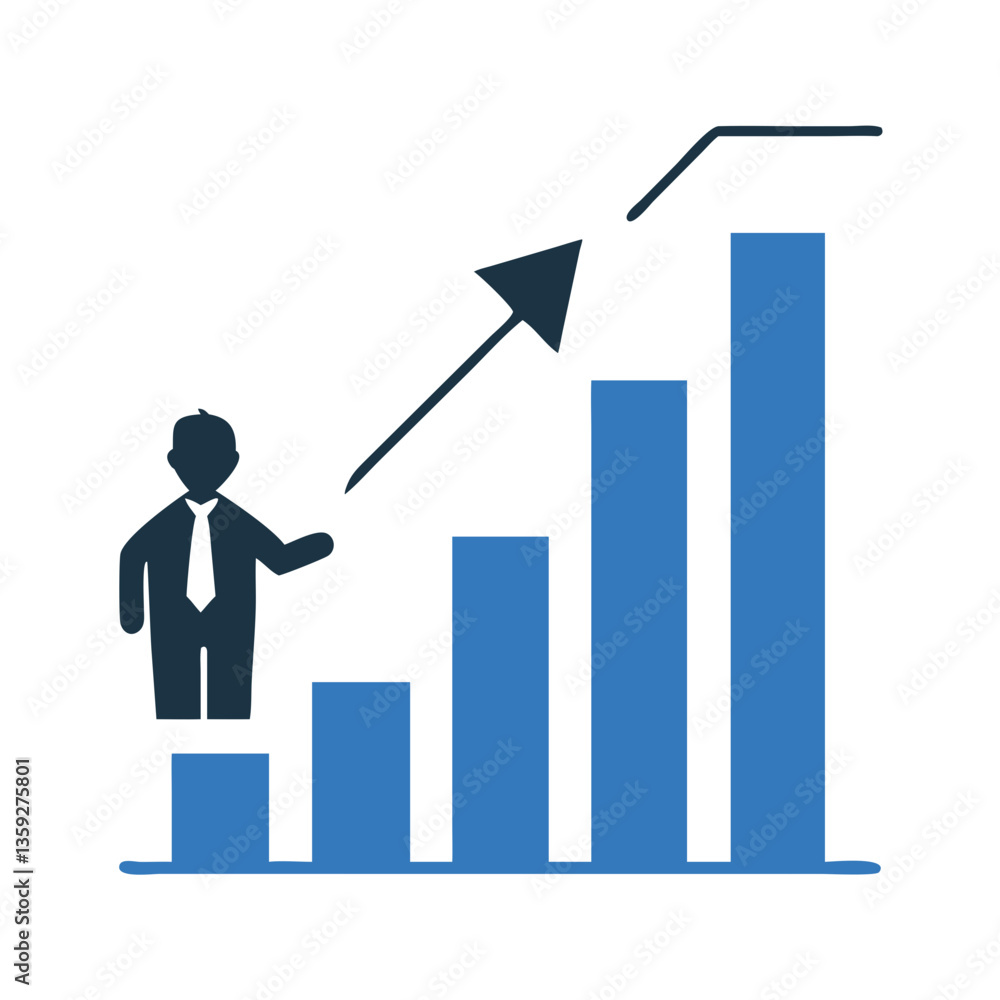 Man standing next to growing bar chart Man standing next to growing bar chart