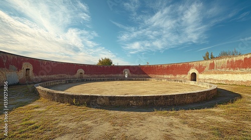 Traditional bullfight performances take place in an empty round bullring in Spain.
