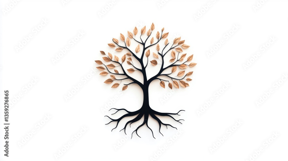 Naklejka premium Artistic Tree Design with Roots and Leaves on White Background