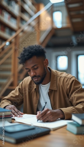 A young Black man is deeply engaged in writing notes at a wooden table in a cozy library filled with books. The warm atmosphere and natural light create an inviting space for learning and creativity.