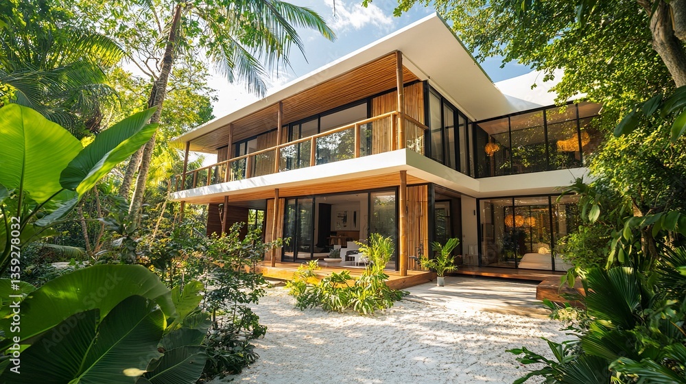 Modern tropical beach house with bamboo accents, white sandy beach steps away, lush greenery surrounds, bright midday sunlight