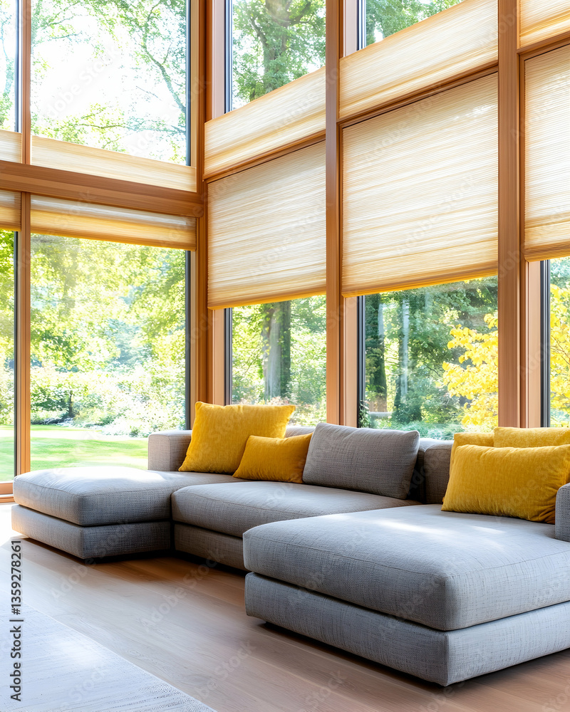 Fototapeta premium Modern sectional sofa in sunlit living room with large windows overlooking a garden