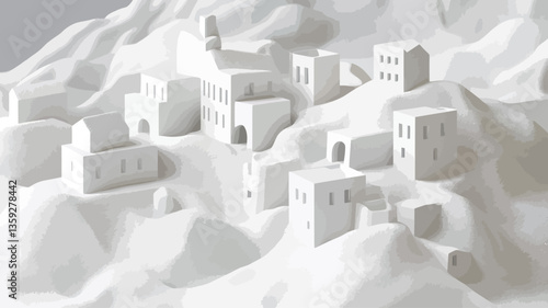 A high-angle, close-up shot depicts a miniature model of a white village situated on a textured, undulating white landscape. The village consists of numerous small, simple, white buildings of