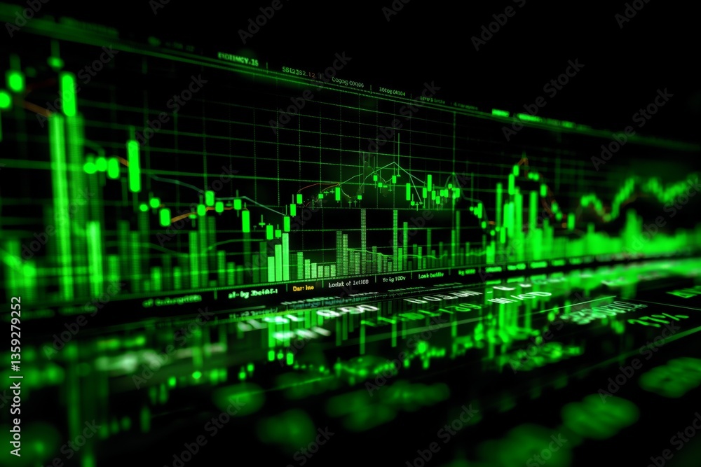 Dynamic financial market data displayed in green, illustrating upward trends and digital analytics.