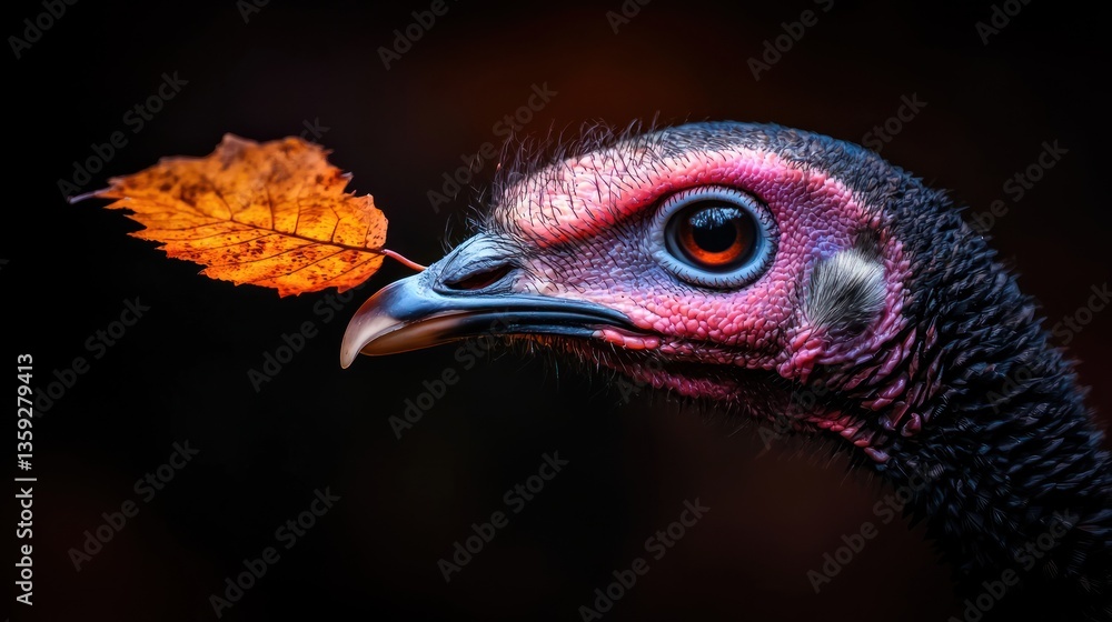 A close up view of a turkey with a leaf A close up view of a turkey with a leaf