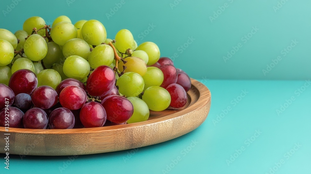 A wooden platter showcasing fresh mixed grapes, placed on a bright cyan background. A wooden platter showcasing fresh mixed grapes, placed on a bright cyan background.