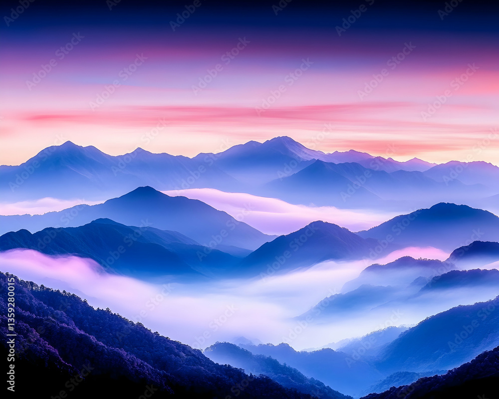 Fototapeta premium Misty sunrise over layered mountains
