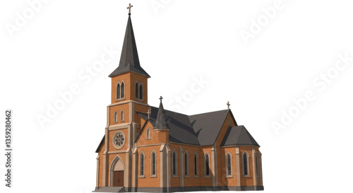 Isolated Classic Church Building with Architectural Detail and Steeple