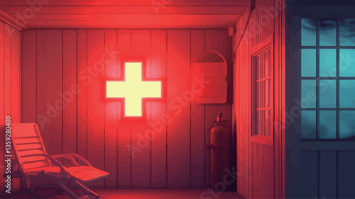 The image depicts the interior of a small, wooden-walled room illuminated primarily by a large, bright red neon cross sign on the wall. The room appears to be a simple medical clinic or waiting