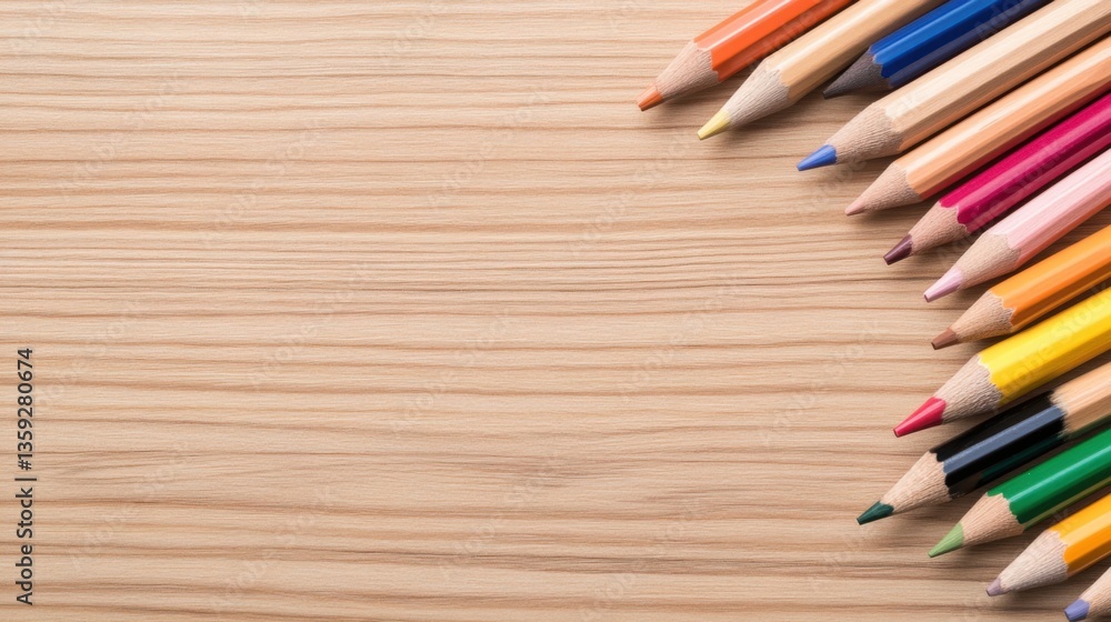 Fototapeta premium Colorful Wooden Colored Pencils Arranged on Light Wood Surface with Space for Text or Design Elements