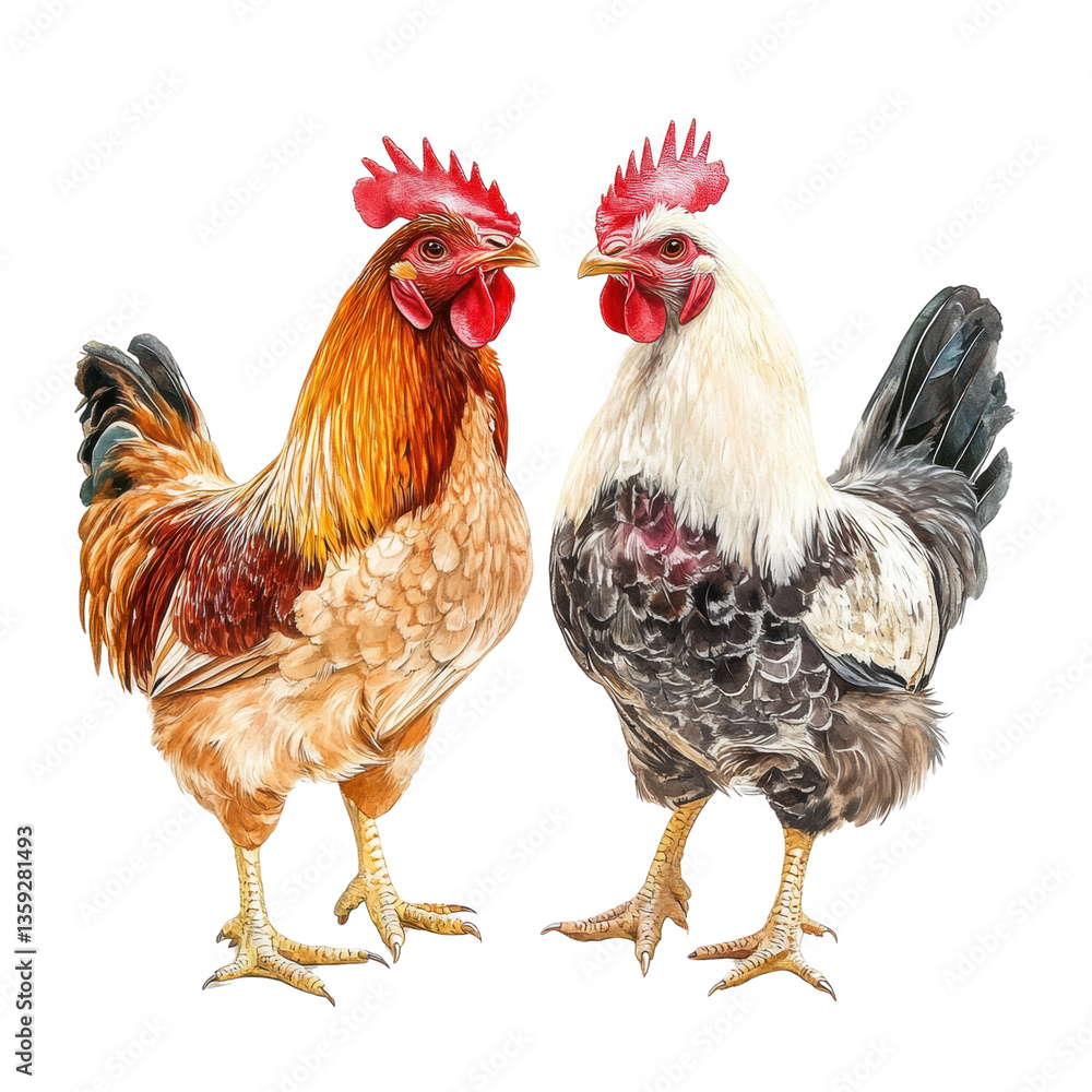 Fototapeta premium Two chickens together in a natural setting with vibrant colors and a bright sunny background white isolate background
