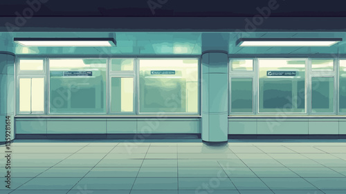 The image shows a digitally rendered interior view of a long corridor in a modern building. The corridor is depicted in a minimalist style with teal and light-green walls, a tiled floor, and large