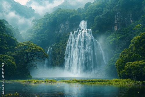 Majestic waterfall cascading through lush green mountains, creating a serene atmosphere in a misty landscape.