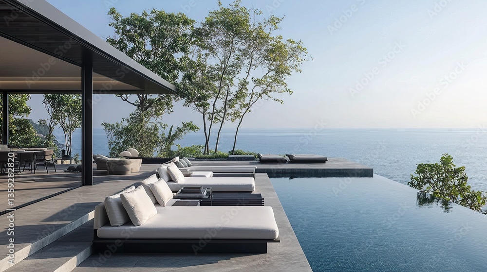 Fototapeta premium Open-plan luxury villa, airy interiors extending to a chic outdoor lounge, modern minimalist furniture, ocean breeze evident, vibrant afternoon light 