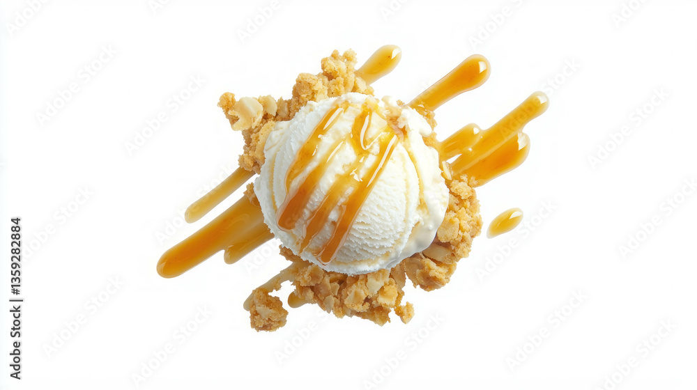 Delicious pear and ginger crumble with ice cream and caramel drizzle on a white background Delicious pear and ginger crumble with ice cream and caramel drizzle on a white background