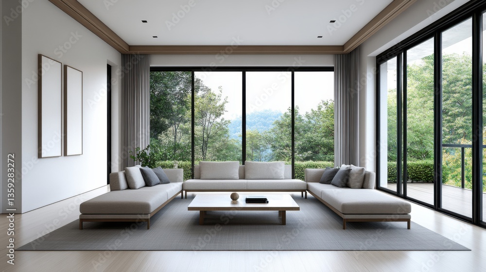 Fototapeta premium Modern living room design with large windows showcasing nature and minimalist furniture in contemporary style