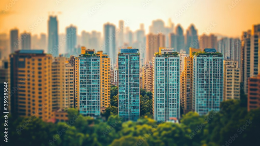 Obraz premium City Skyline in Sunset Glow: A captivating urban panorama, where sleek skyscrapers and residential buildings stand tall against the backdrop of a warm, hazy sunset.