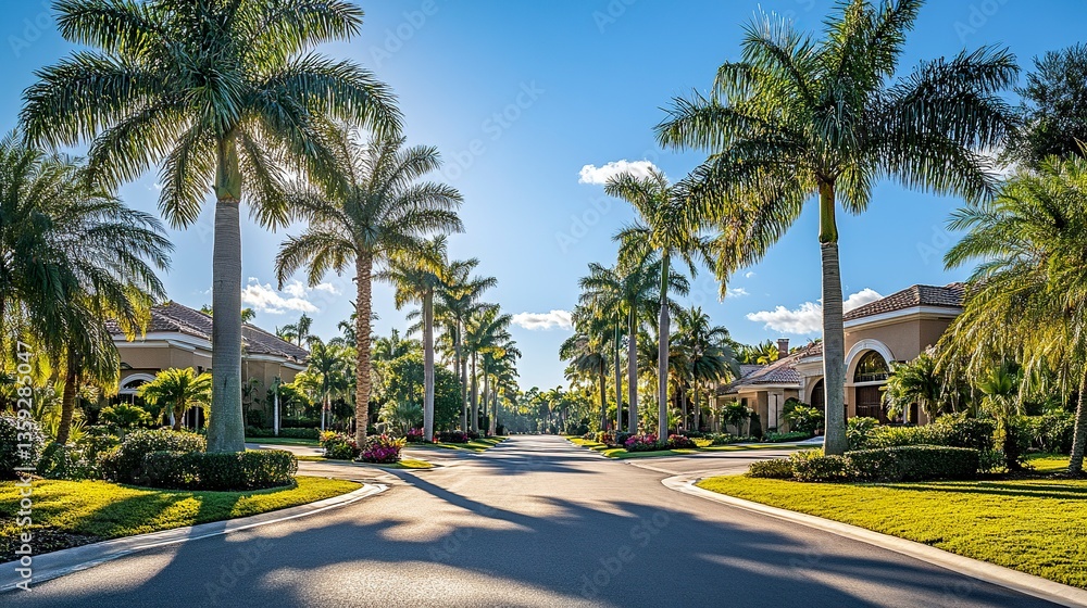 Fototapeta premium Palm-lined street in a luxury neighborhood, elegant tropical homes with manicured lawns, tall palms swaying under bright sunlight 