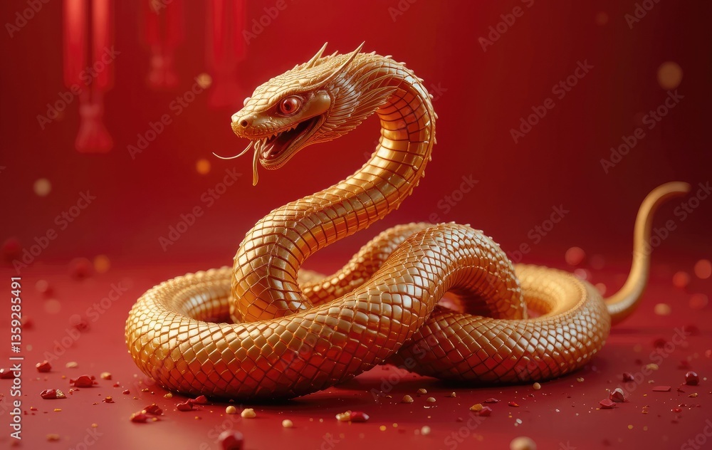 Obraz premium Golden Snake Sculpture on Red Background Symbolizing Chinese New Year
