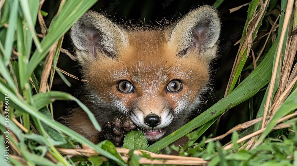 Obraz premium A curious young fox peeks from behind green blades of grass