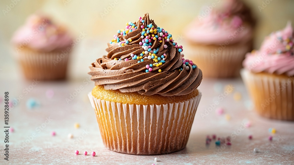Sweet, colorful cupcake with chocolate frosting and sprinkles Sweet, colorful cupcake with chocolate frosting and sprinkles