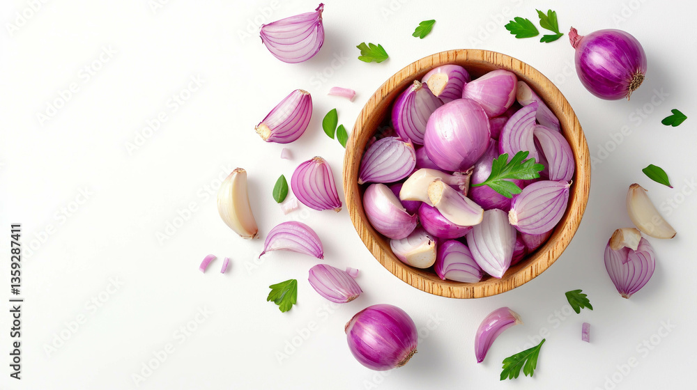 Fresh red onion slices and mushrooms with parsley in wooden bowl for culinary design Fresh red onion slices and mushrooms with parsley in wooden bowl for culinary design