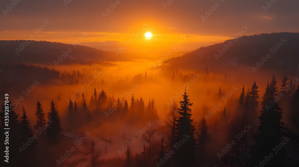 Fototapeta premium A scenic vista of an orange sunrise over a forest valley partially obscured by a low-lying fog that rolls between tree