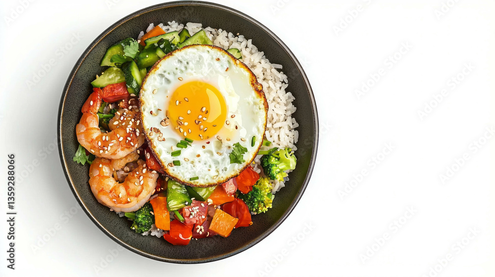 Delicious shrimp fried rice with vegetables and sunny side up egg Delicious shrimp fried rice with vegetables and sunny side up egg