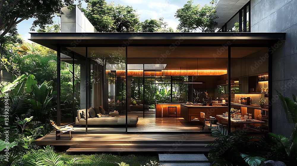 Modern residence with extensive glass walls immersed in natural greenery Modern residence with extensive glass walls immersed in natural greenery