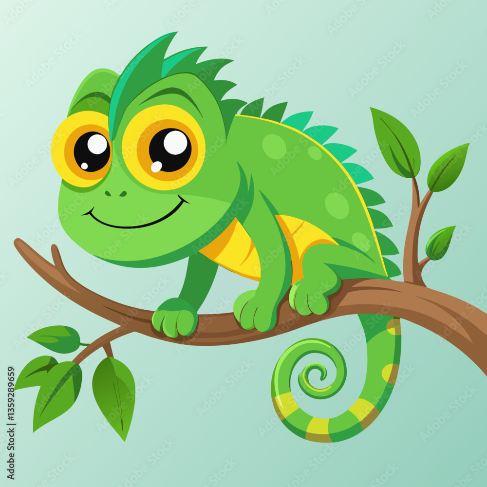 Naklejka premium green chameleon on branch